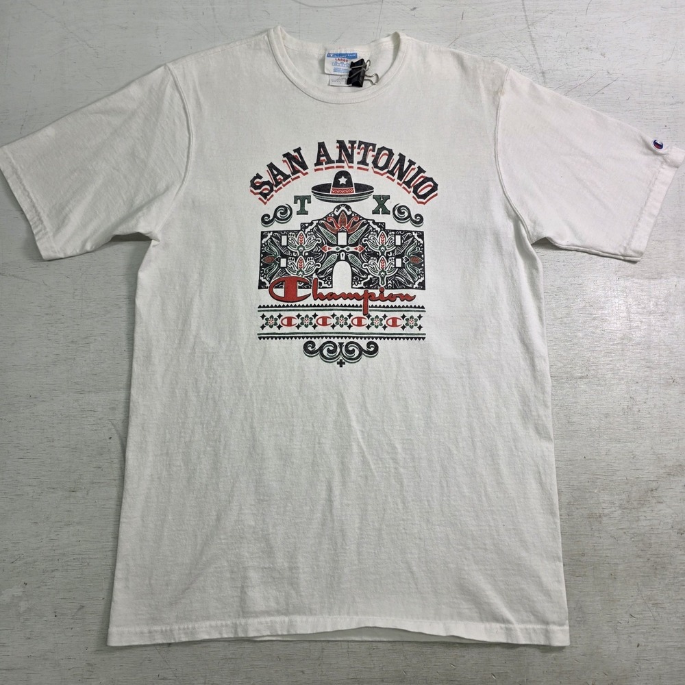 Vintage 90s Y2k Champion San Antonio Texas Alamo T-Shirt Mens L White Souvenir